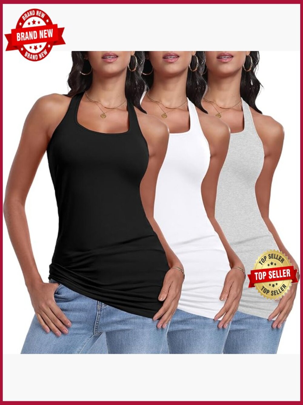 Women's Cotton Racerback Long Tank Tops 3-Pack Sleeveless Undershirts